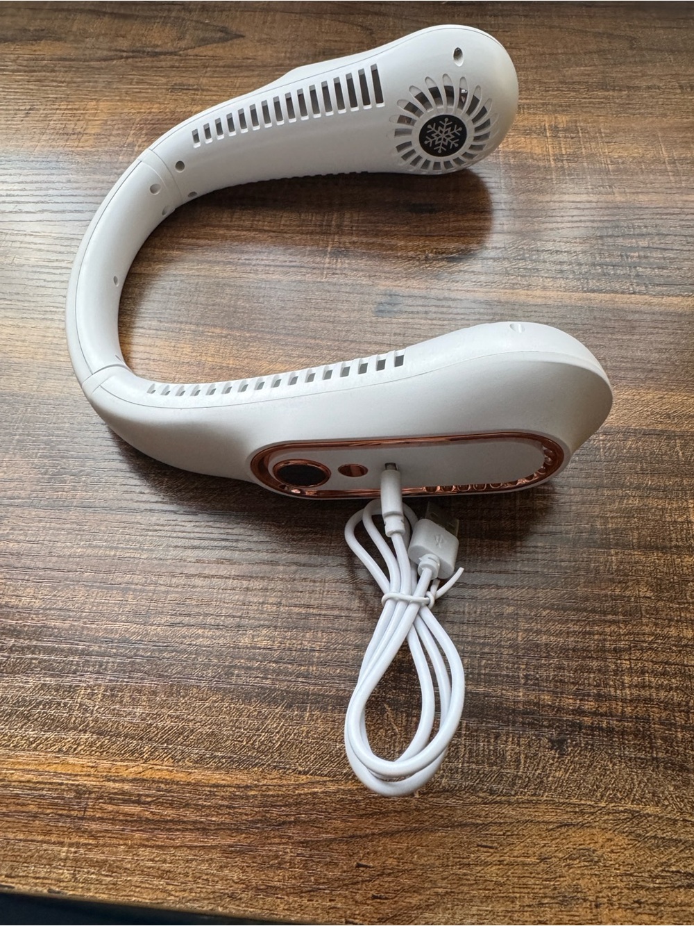New Portable Neck Fan Rechargeable USB White With Rose Gold Accent
